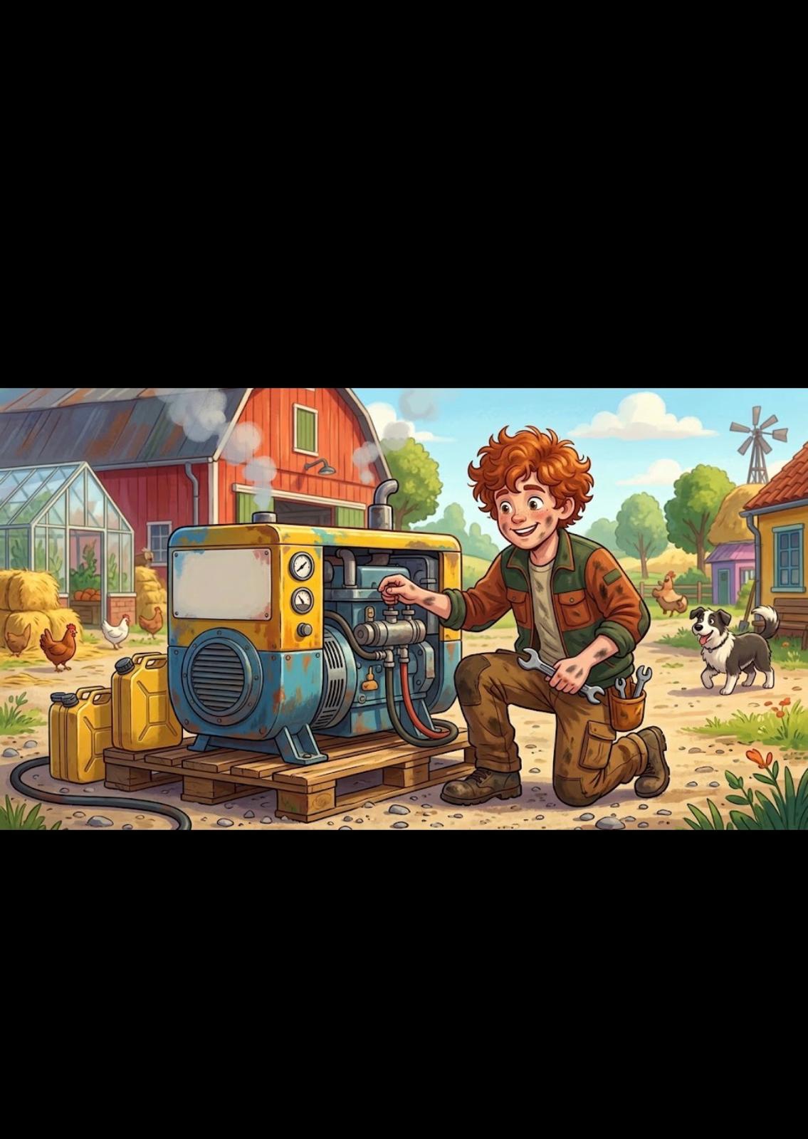 Illustratie van een monteur bij een generator op een boerenerf